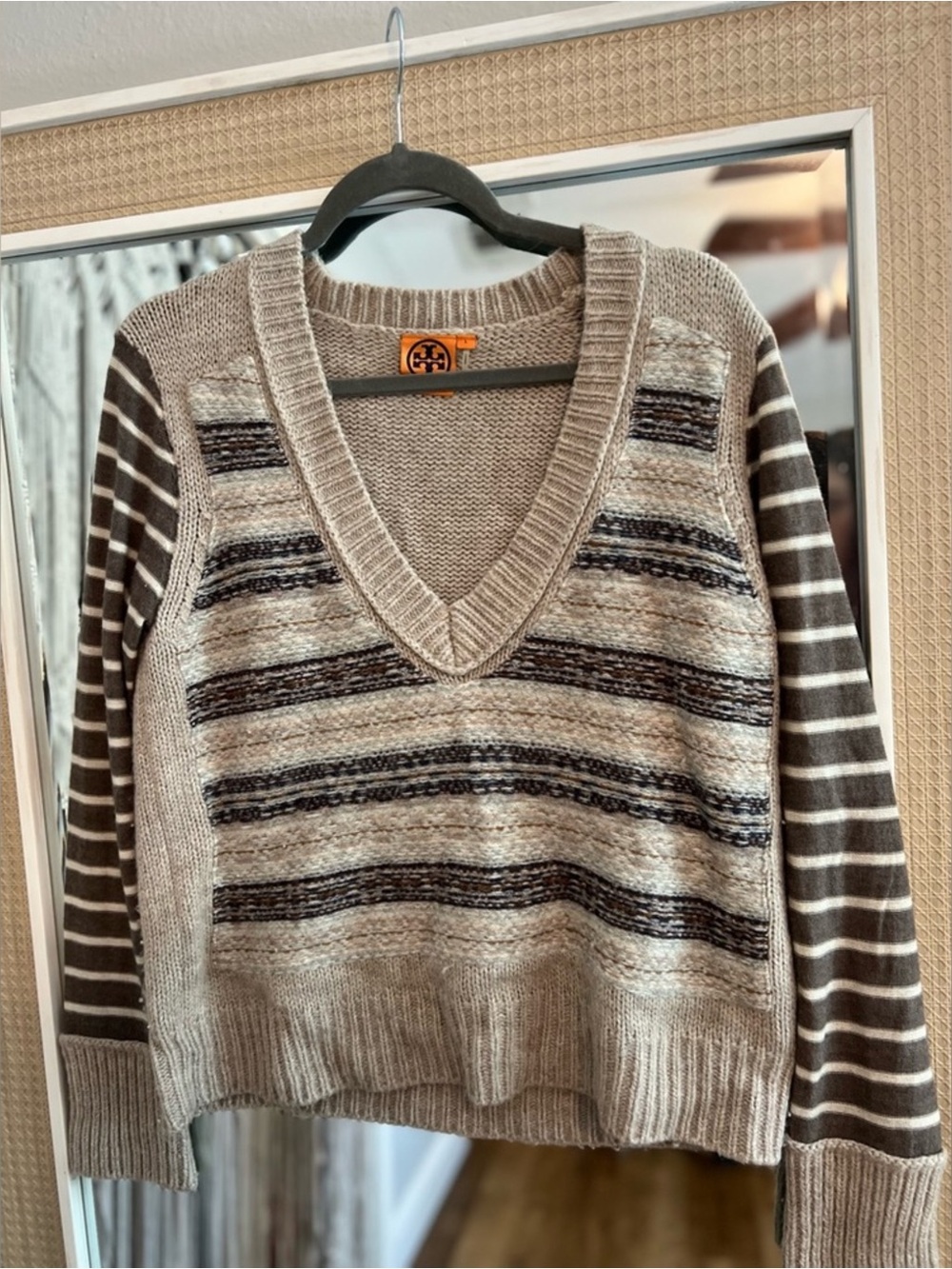 Tory Burch Beige and Brown Striped V-Neck Sweater